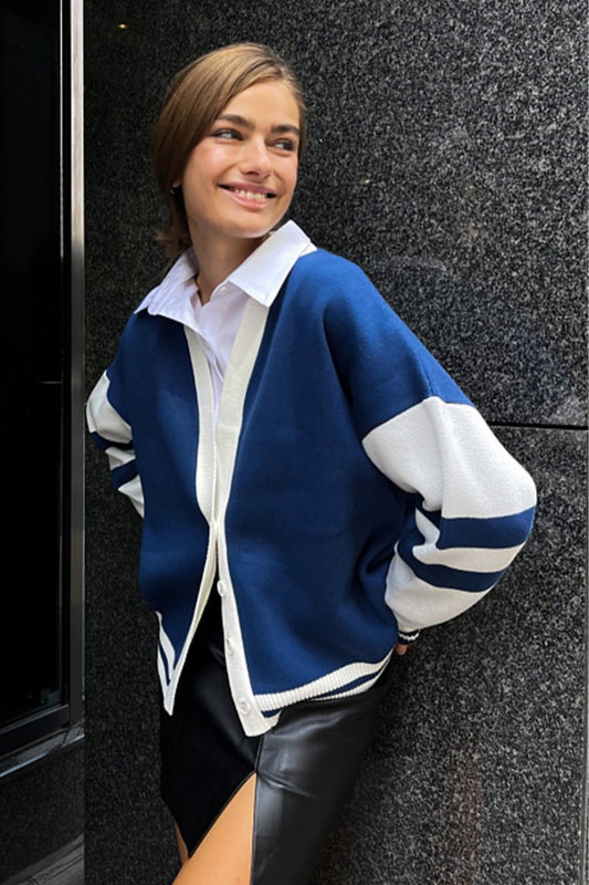 Simple Color Block Striped Relaxed Knit Cardigan