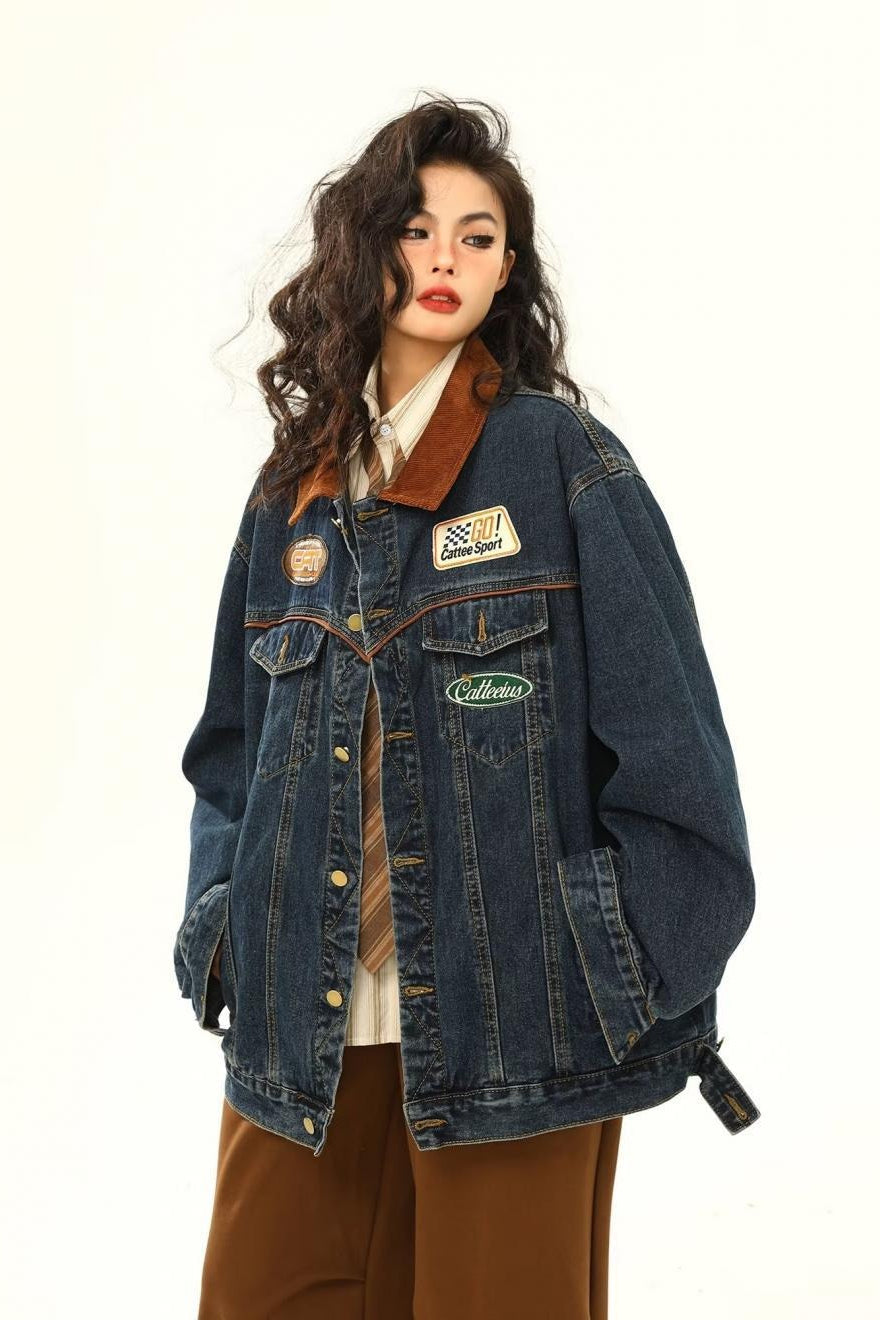 Vintage Embroidered Denim Loose Lapel Utility Jacket Blue / S