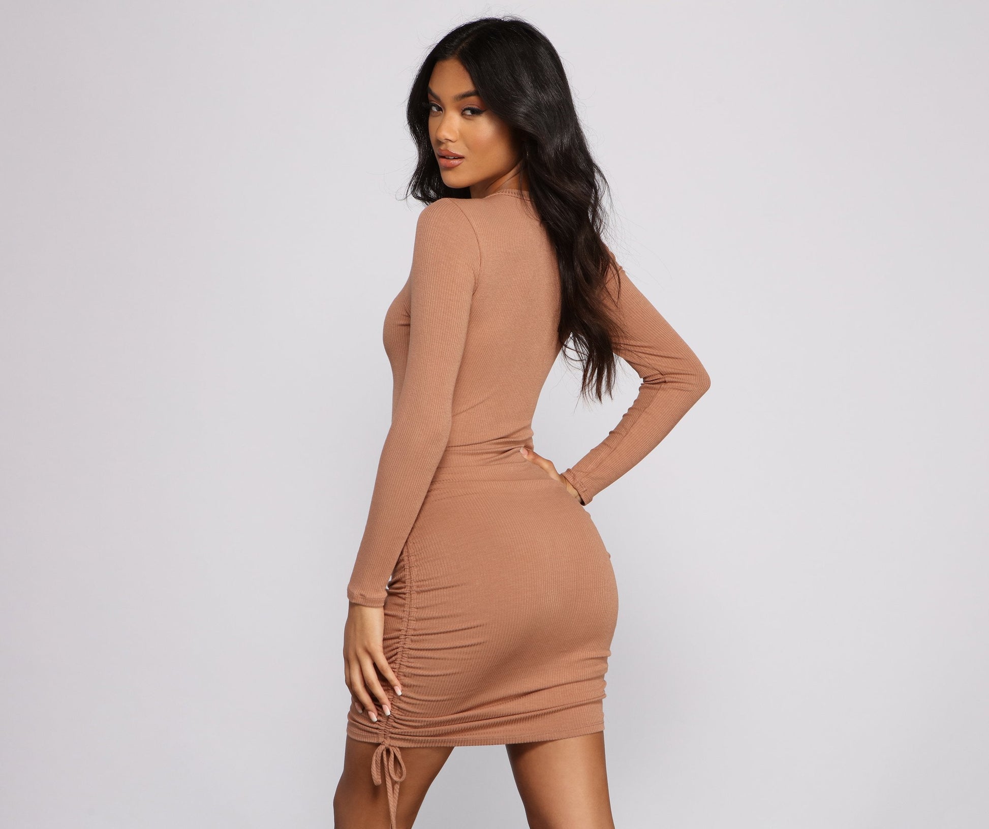 Ruched And Ribbed Knit Graceful Crew Neck Mini Dress Casual Dresses