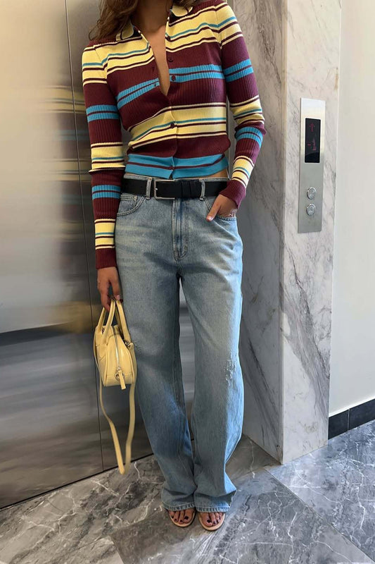 Strickjacke mit Knopfleiste, Streifen, Retro-Kragen, schmaler Passform und langen Ärmeln