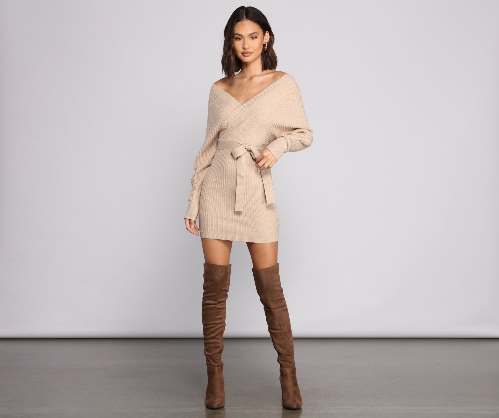 Ribbed Knit Tie-Front Charming Mini Sweater Dress Sweaters-L
