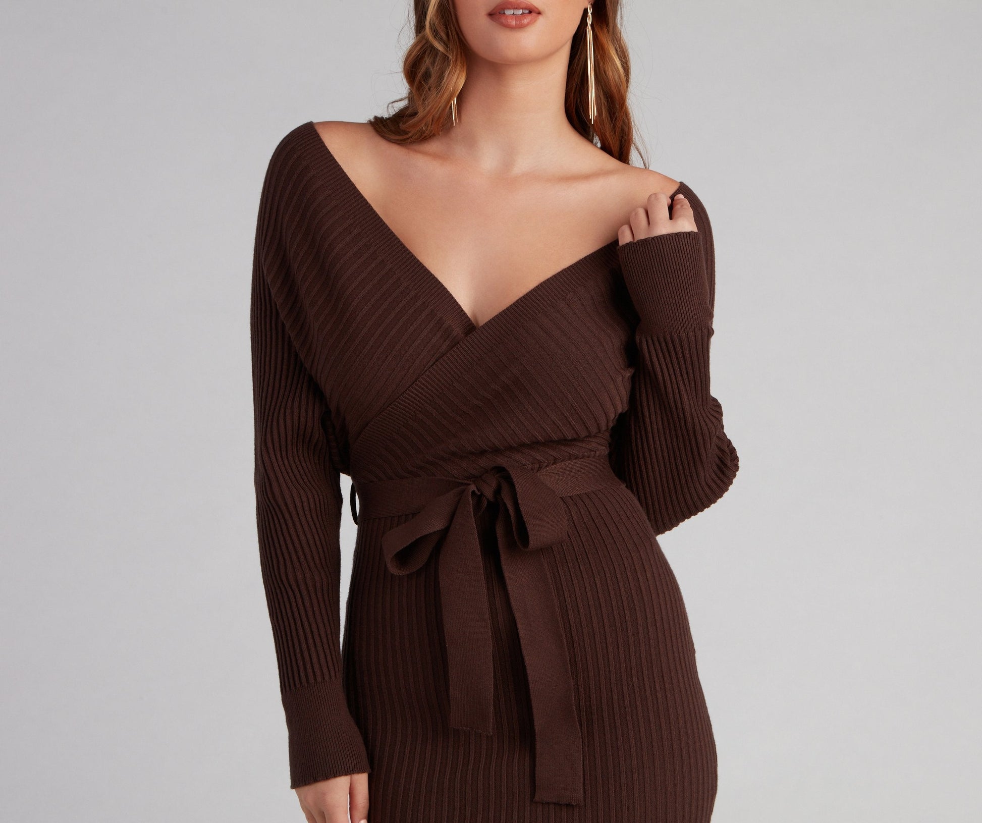 Ribbed Knit Tie-Front Charming Mini Sweater Dress Sweaters-L