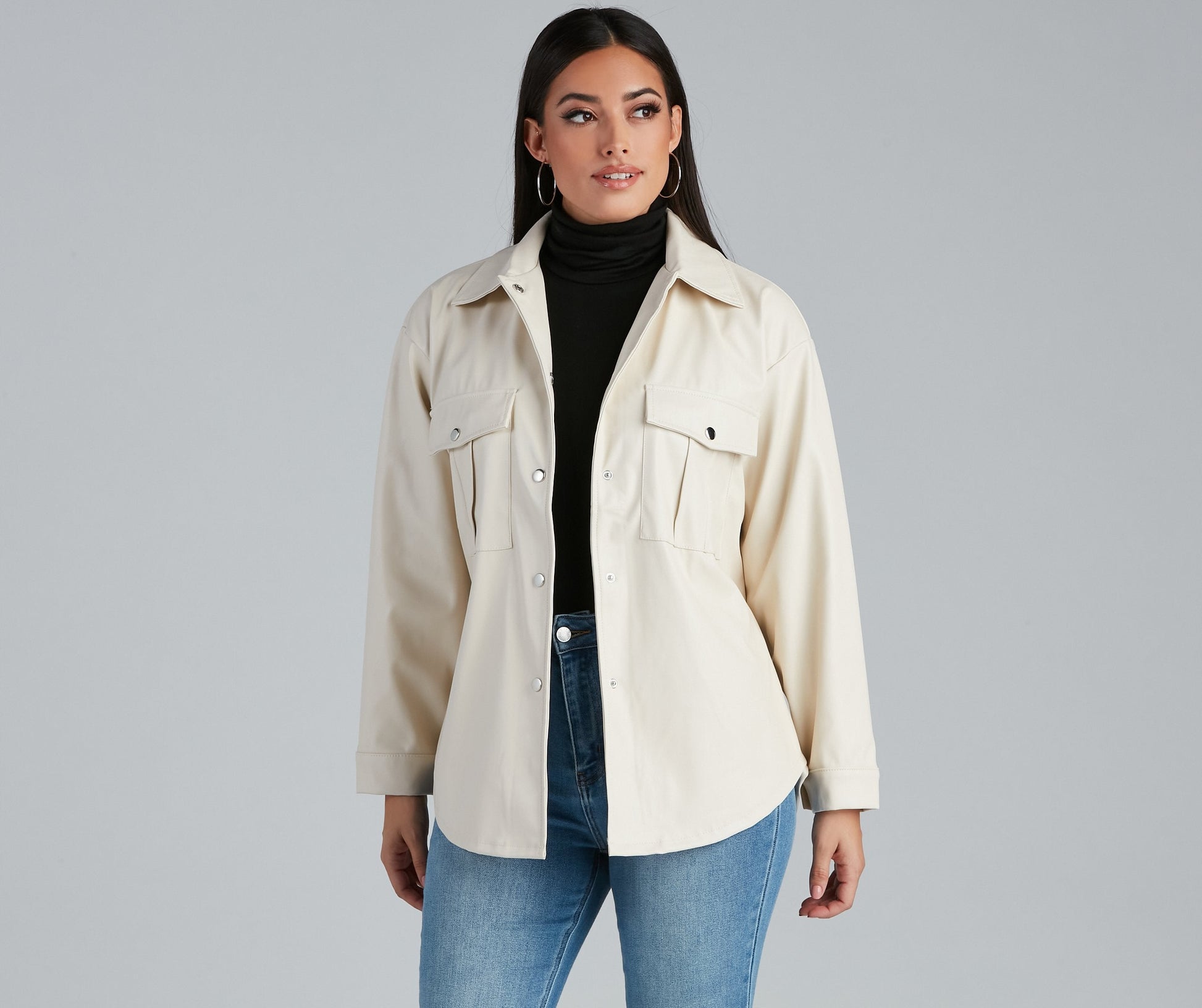 Sleek Trends Faux Leather Tie-Waist Shirt Jacket Ivory / S Casual Woven Jackets