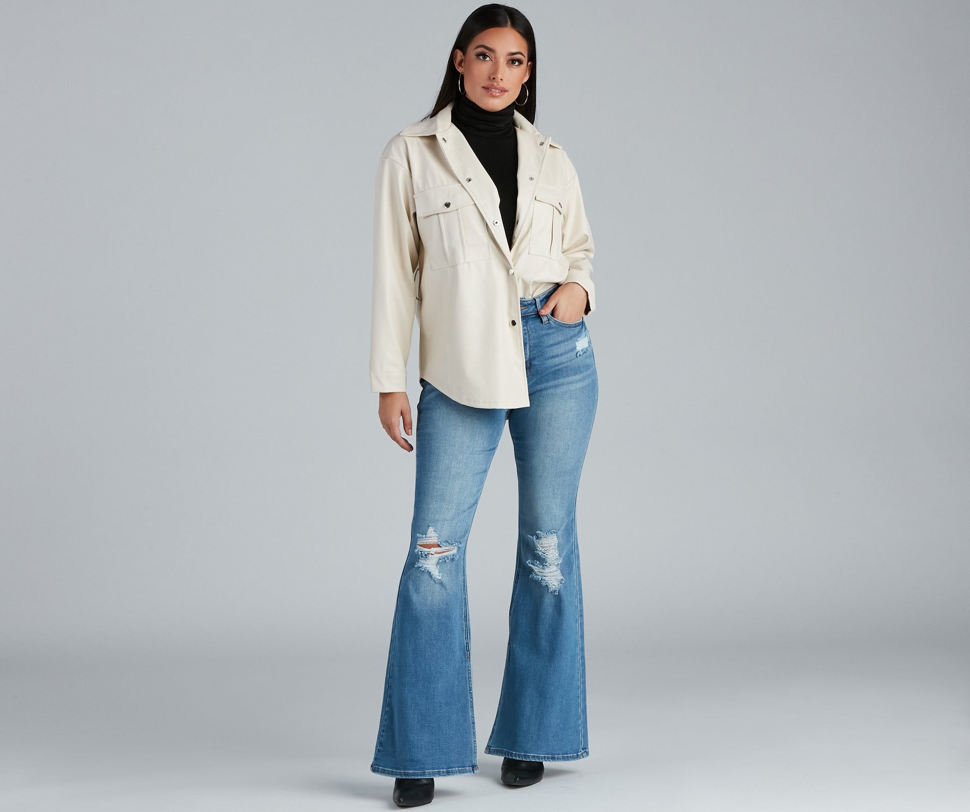 Sleek Trends Faux Leather Tie-Waist Shirt Jacket Casual Woven Jackets