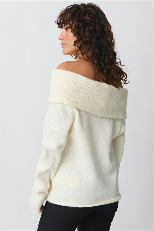 Foldover Collar Off Shoulder Fitted Sweater