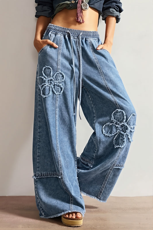 Floral Embroidered Drawstring Jeans