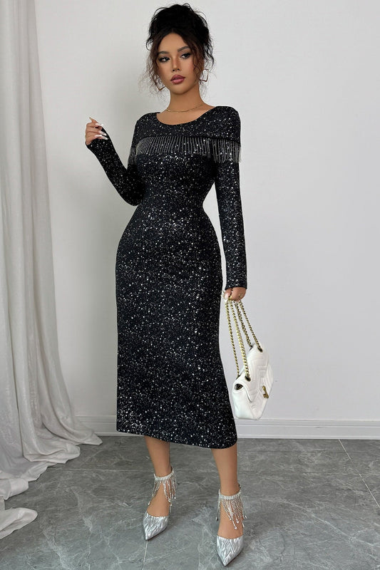 Elegantes, langärmliges, figurbetontes Midikleid