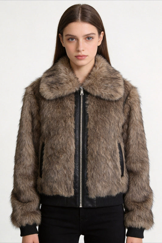 Rib Trim Cropped Faux Fur Bomber Coat