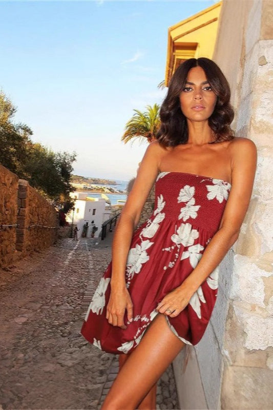 Böhmisches Bandeau-Strandkleid mit Blumenmuster