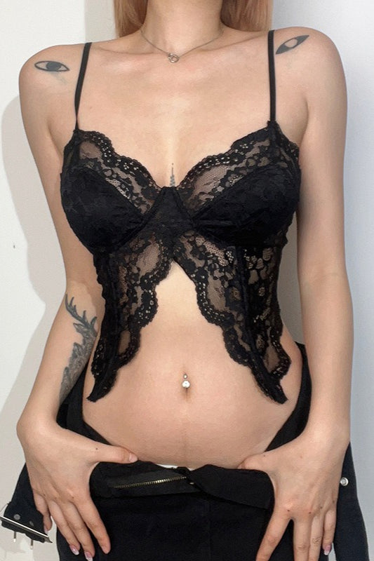 Sexy, transparentes Spitzen-Rüschen-Schmetterlings-Cami-Top