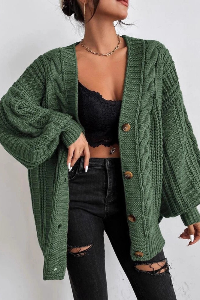 Lantern Sleeve Cable Knit Sweater Green / S