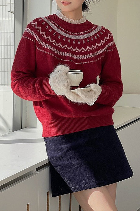 Fair-Isle-Muster, lockerer Rundhalsausschnitt, minimalistischer Pullover mit Farbblockmuster