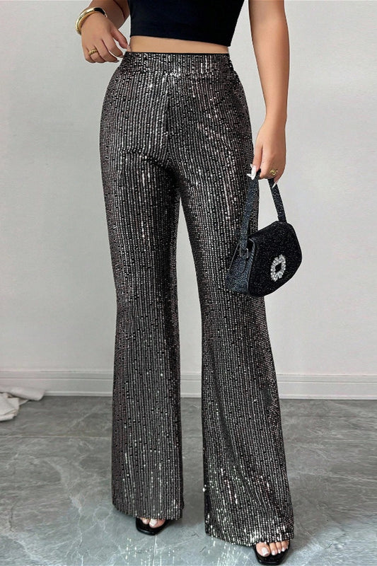 Black Silver Sequin Stripe Flared Pants
