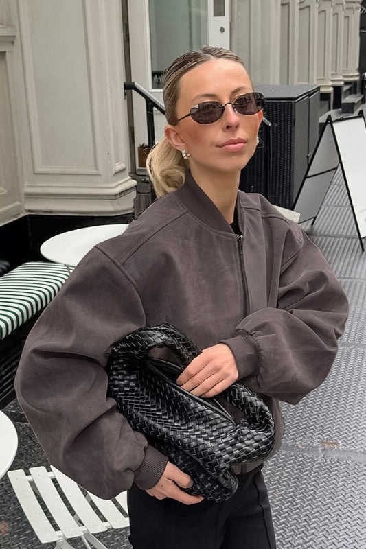 Retro Graue Wildleder Bomberjacke