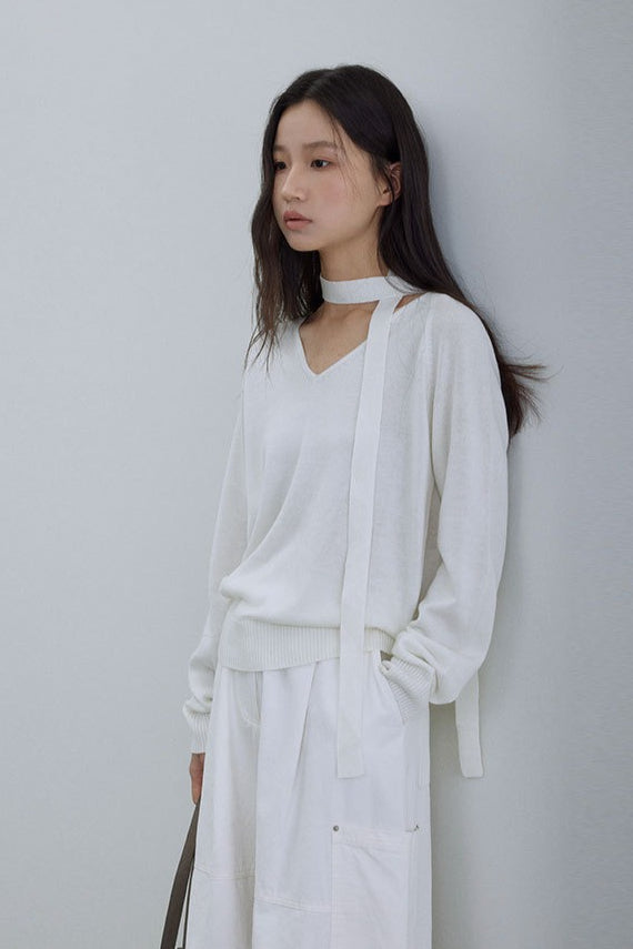 Wool V-Neck Oversized Long-Sleeve Knit Top