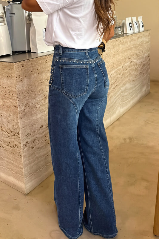 Studded Curved Seam Straight Leg Jeans