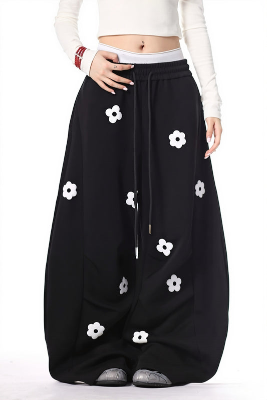 Floral Embroidered Barrel Leg Pants