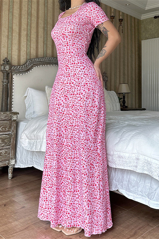 Kurzärmeliges Kleid mit U-Ausschnitt, Rückenriemen und Blumenmuster