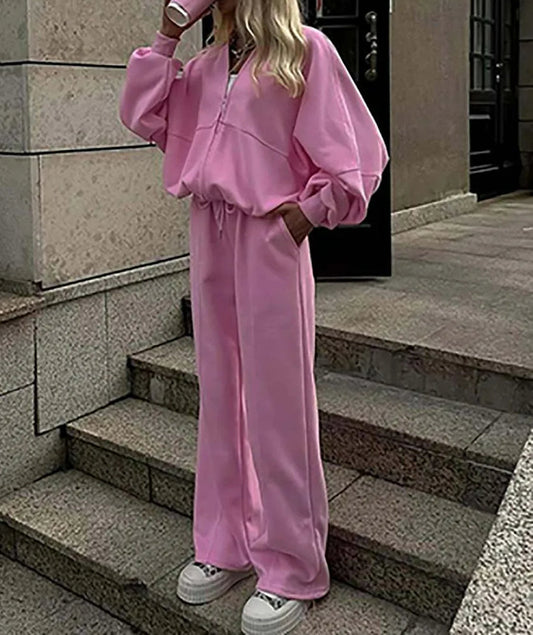 Rosa Lockeres Zweiteiler-Set fürs Büro mit Reißverschluss und Kordelzug