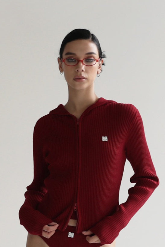 Zip Up Cropped Hooded Knit Sweater