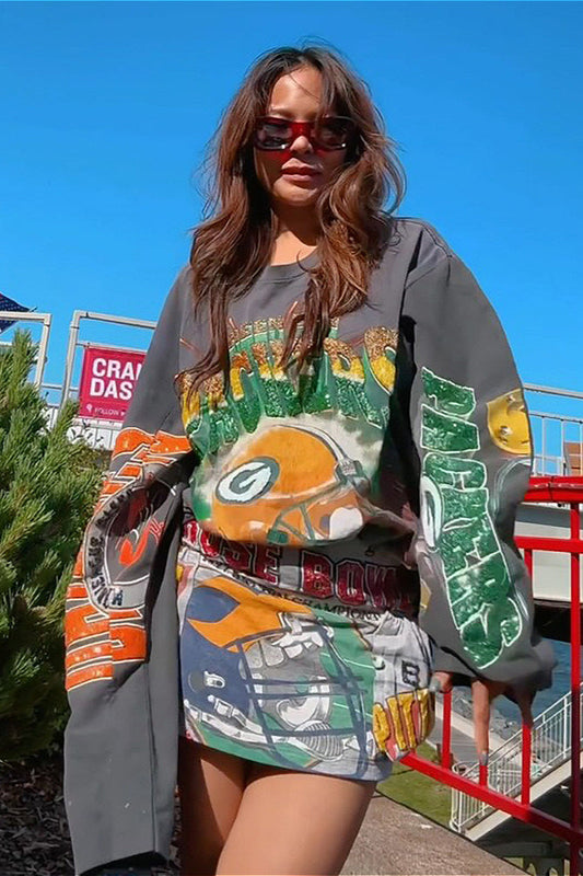 Oversized Sequin Print Retro Slouchy Long Sleeve Tee Grey / S