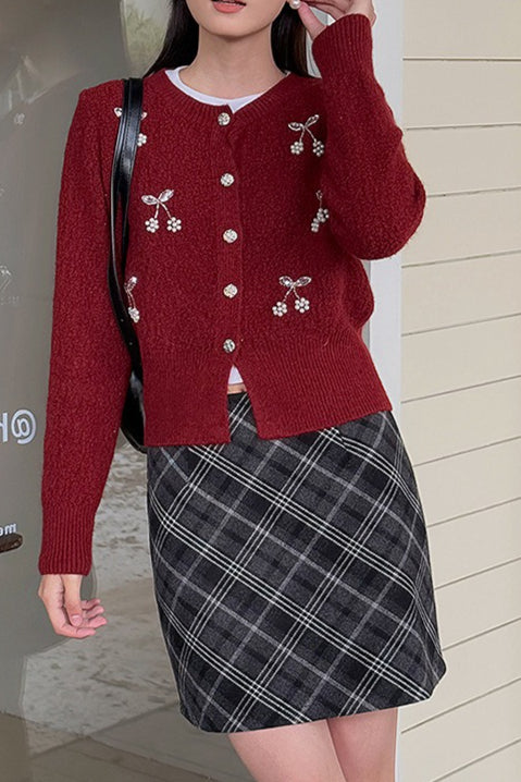 Bestickter 3D-Kirschstrickcardigan