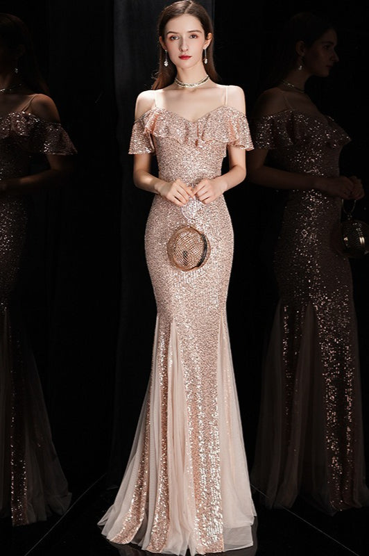 Off Shoulder Sequin Mesh Party Dress XS / Gold