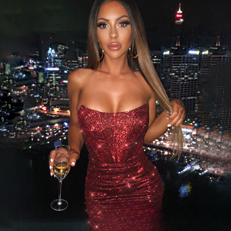 Glamorous Night Club Sexy Bodycon Glitter Christmas Party Dress Wine Red 1 / S Dresses-L