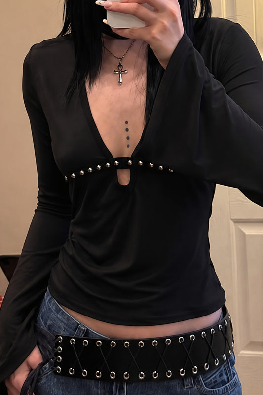 Studded Deep V Keyhole Bell Sleeve Blouse