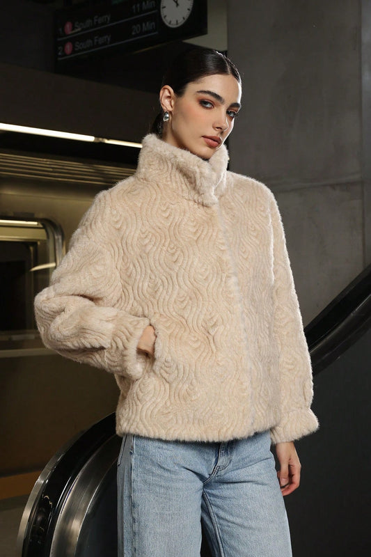 Ribbed Turtleneck Thickened Faux Fur Coat Khaki / S