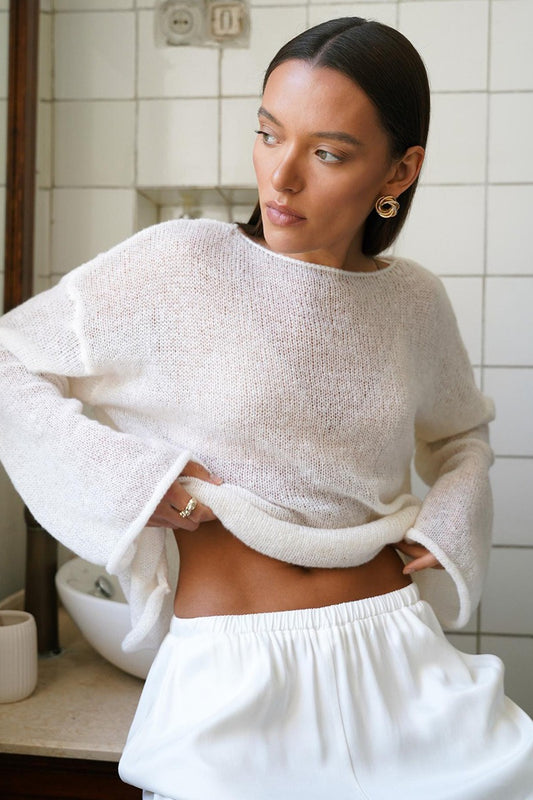 Sheer Boat Neck Bell Sleeve Knit Sweater