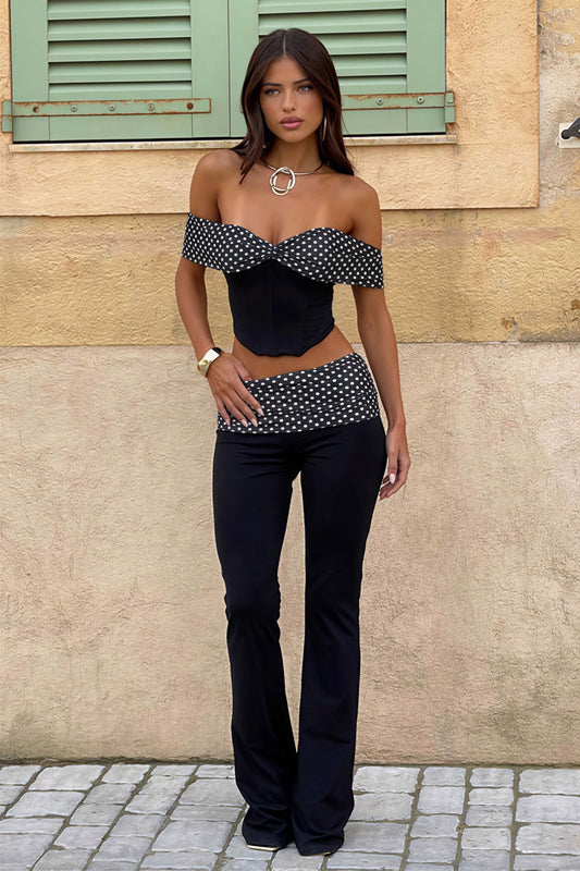 Waist Cuffed Polka Dot Flare Off Shoulder Two Piece Set
