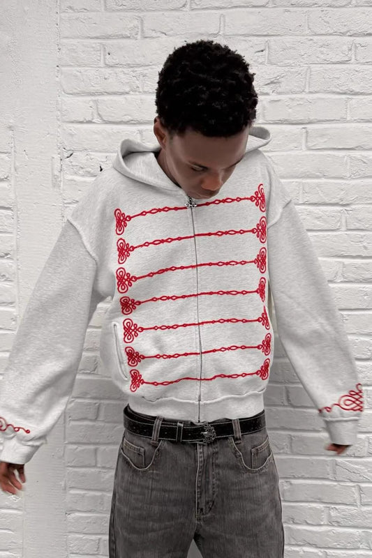 Embroidered Loop-Detail Pullover Hoodie