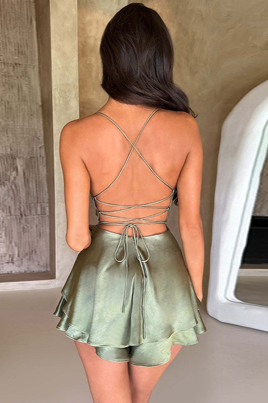 Vintage Minikleid mit Wasserfallausschnitt, rückenfrei und mit Bindebändern