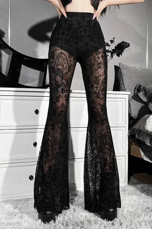 Y2K durchsichtige Mesh-Hose mit Blumenmuster