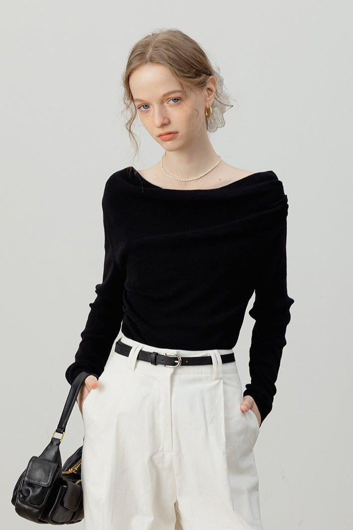 Off-Shoulder Draped Collar Waist-Cinched Knit Top Black / S