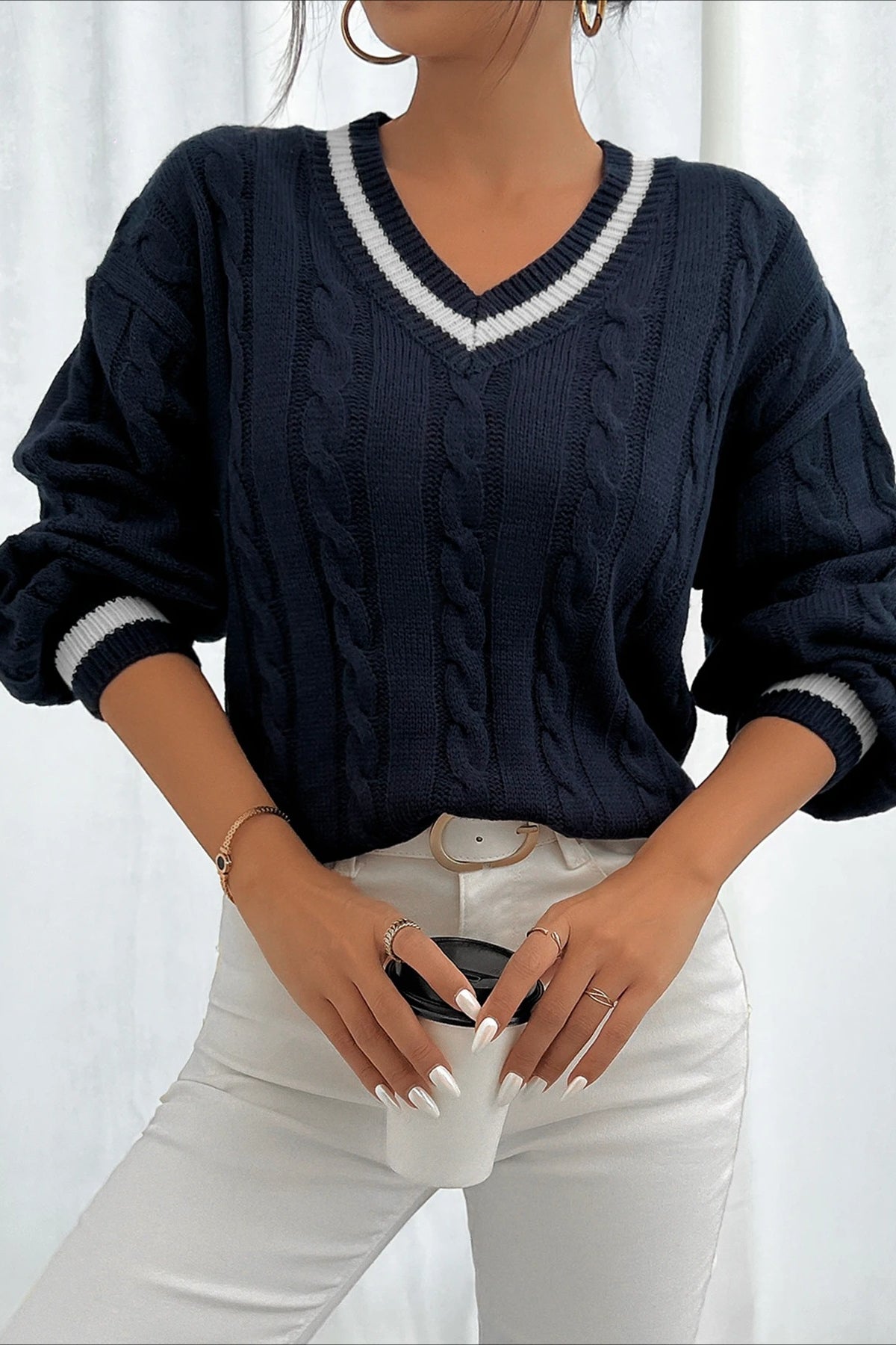 Colorblock Cable Knit V Neck Sweater