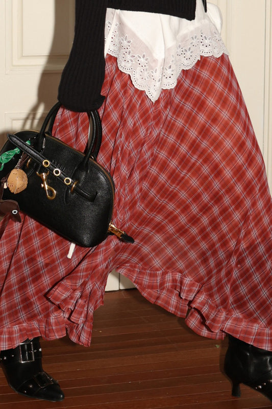 Plaid Asymmetric Ruffle Midi Skirt