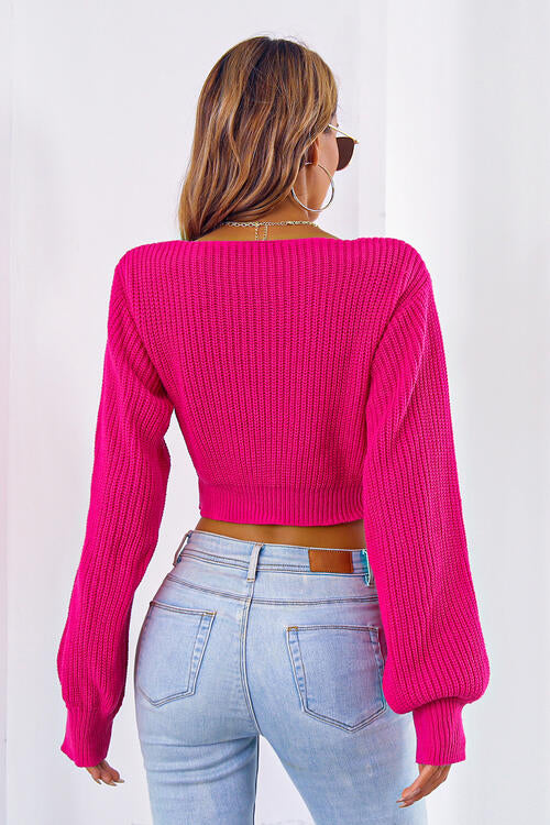 Long Cropped V-Neck Arm Sweater Sweaters-L