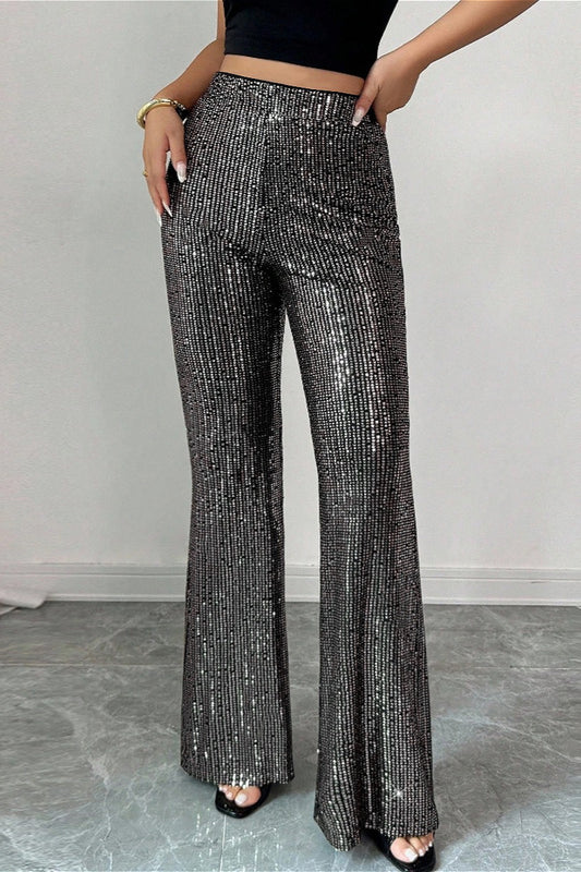 Black Silver Sequin Stripe Flared Pants