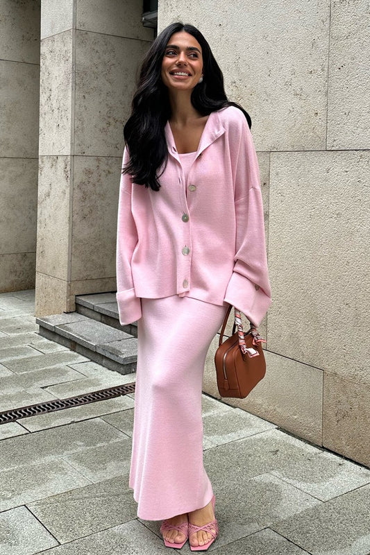 Elegant Minimalist Knit Long Sleeve Cardigan Cami Three Piece Set