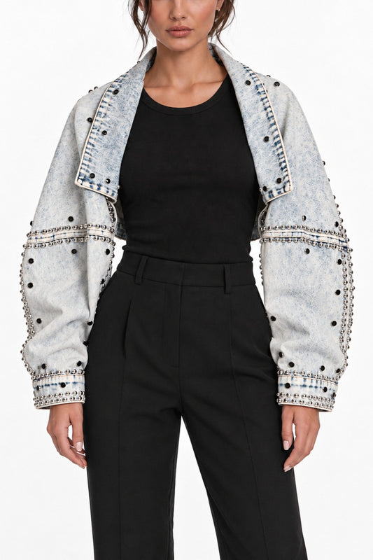 Rhinestone Studded Cropped Denim Jacket