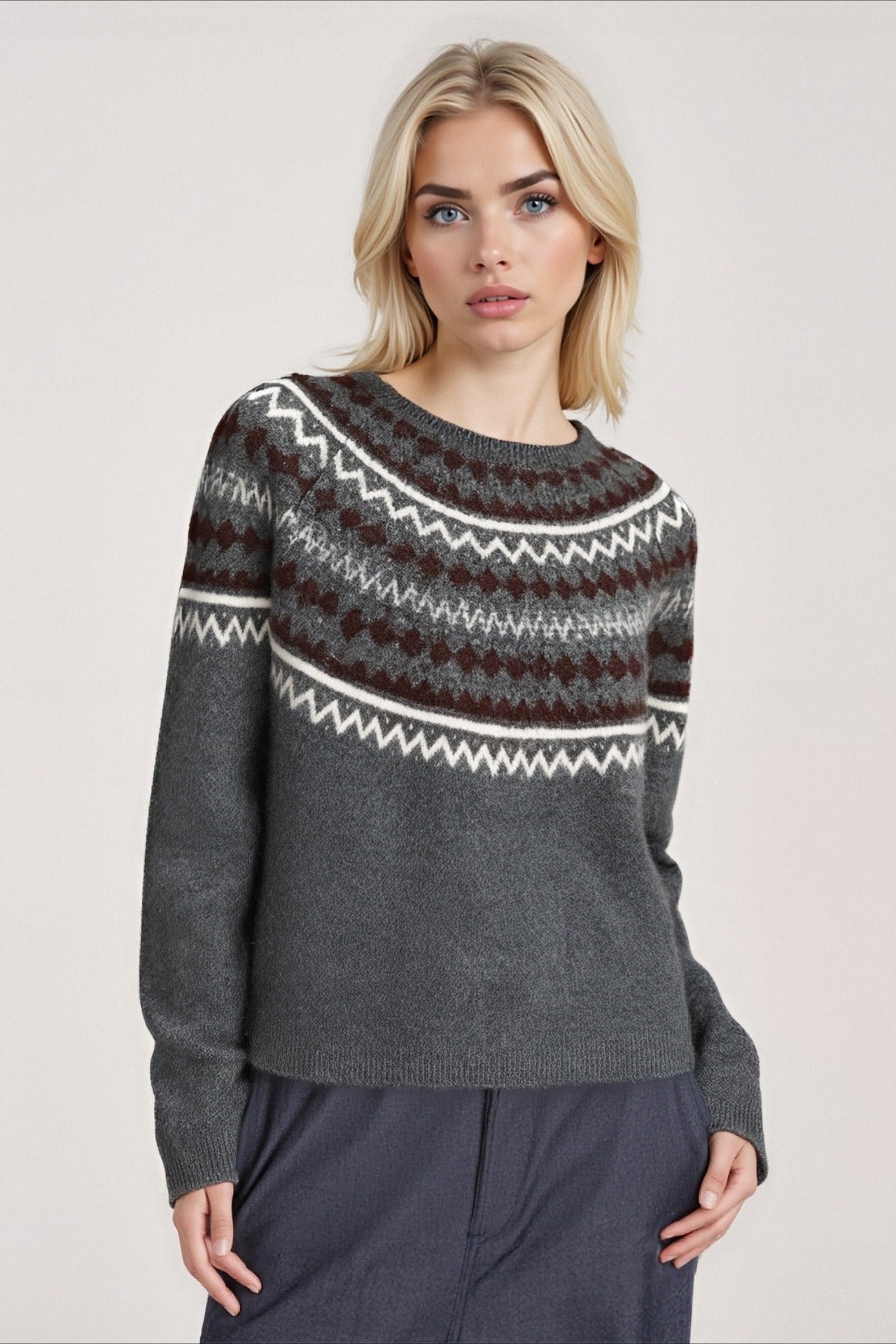 Fair Isle Loose Crewneck Plus Size Knit Sweater