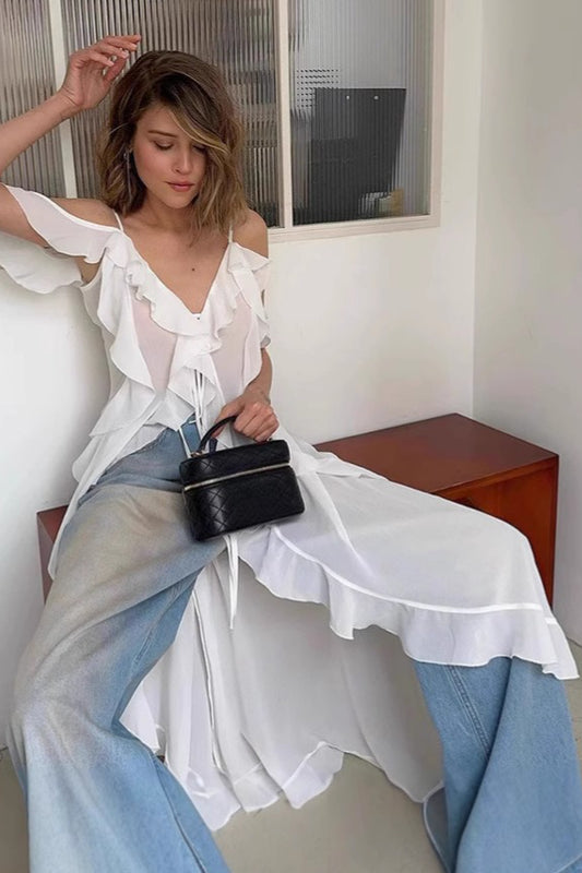 Chiffon-Top mit V-Ausschnitt, A-Linie und Rüschen