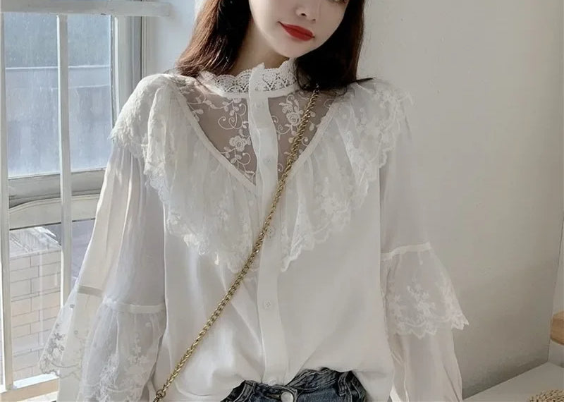 Lace Up Ruffled Sweet Loose Spring Blouse blouse-250126