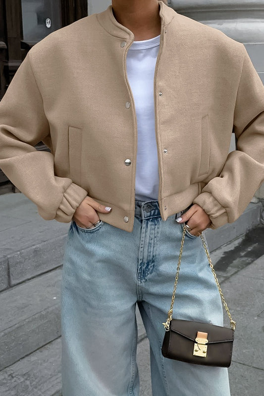 Khakifarbene Wolljacke mit Stehkragen