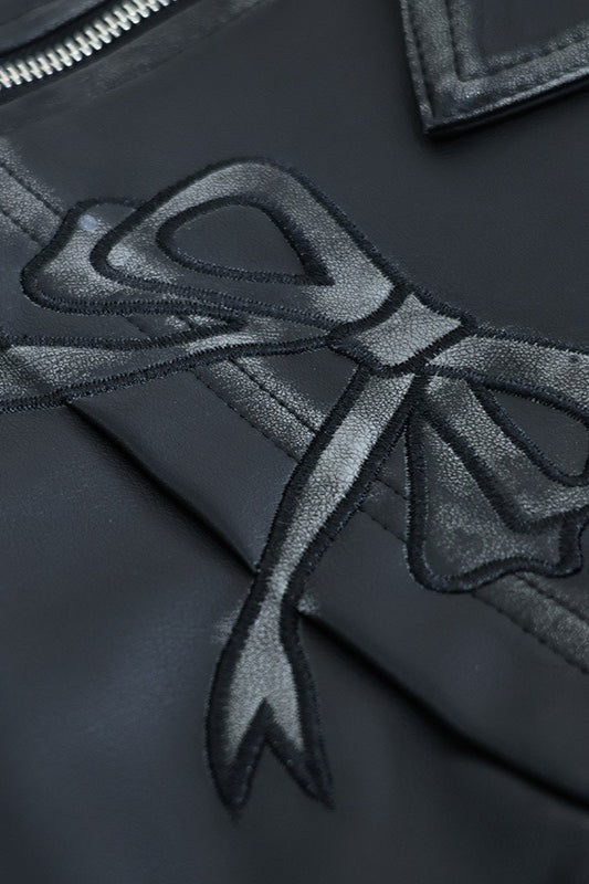 Bow Decor Faux Leather Moto Jacket