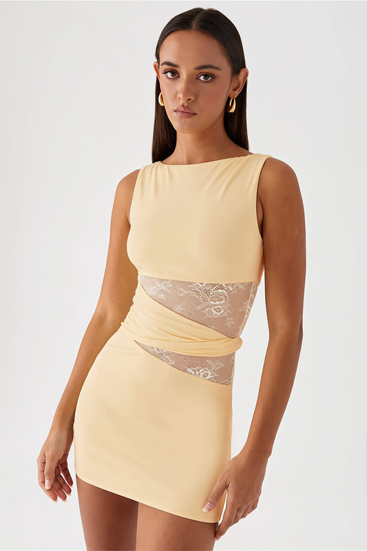 Lace Waist Sheer Panel Mini Dress