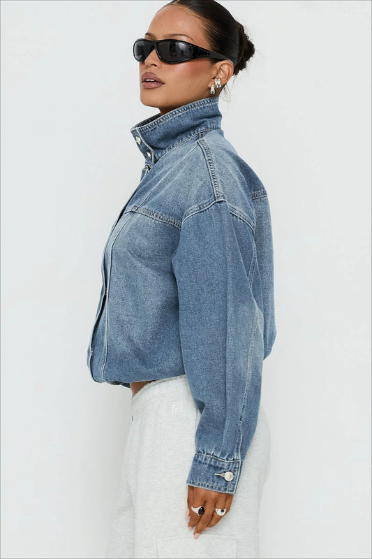 Cropped High Neck Denim Jacket