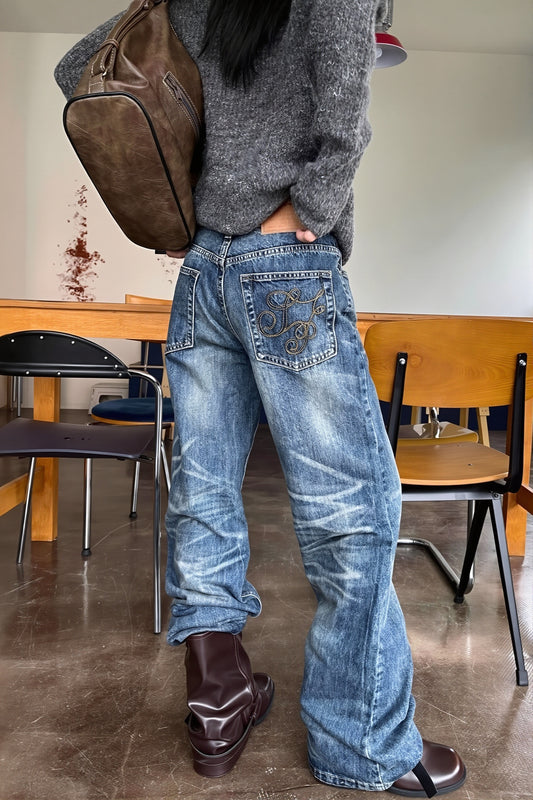 Distressed Relaxed Straight Leg Jeans